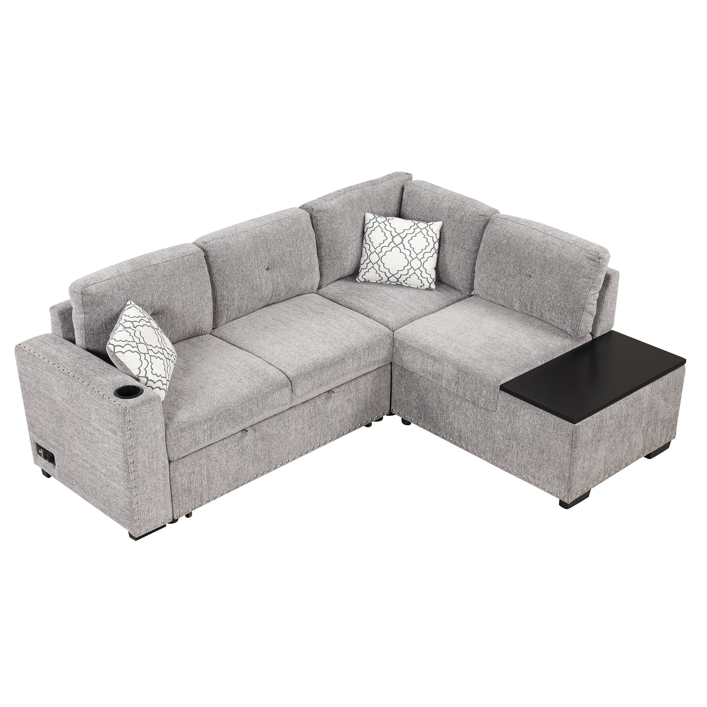 Convertible L-Shaped Sectional Sleeper Sofa with Storage Chaise and Charging Ports in Light Gray