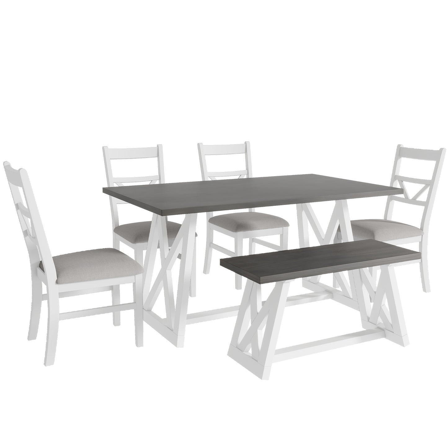 Farmhouse 6-Piece Dining Table Set with Cross Legs, Kitchen Set with 4 Upholstered Dining Chairs and Solid Wood Bench,White