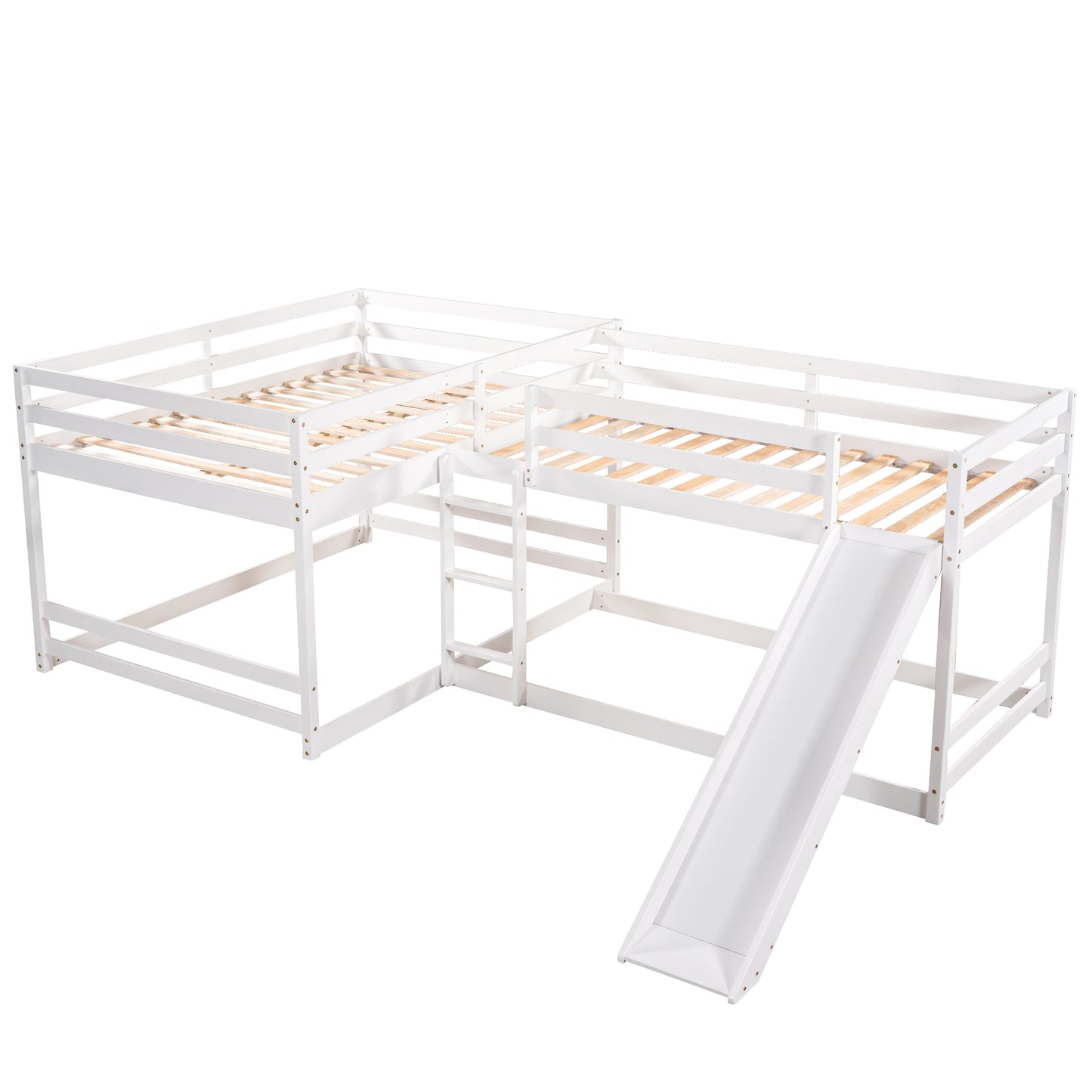 Elegant White L-Shaped Bunk Bed with Slide and Twin/Twin Configuration