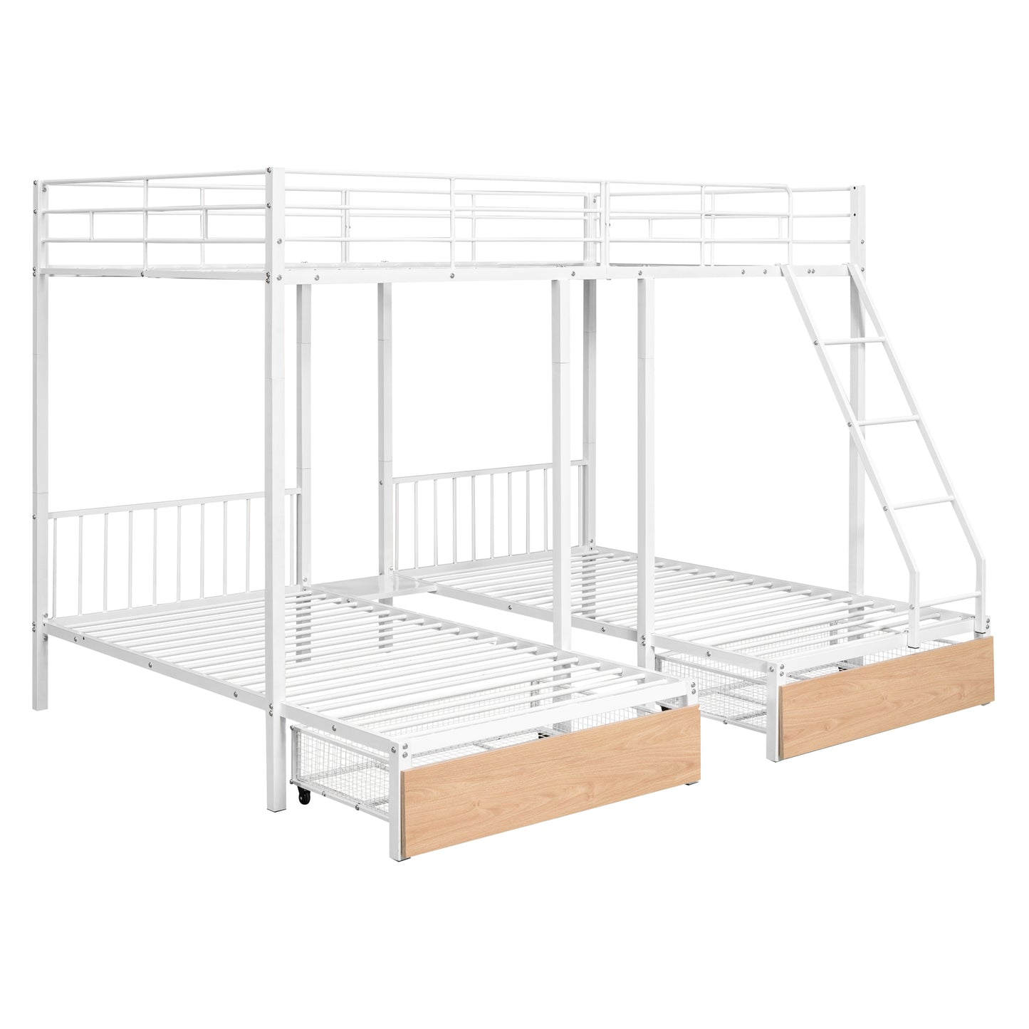 Triple Bunk Bed with Storage Drawers and Guardrails, Full Bed Over Twin & Twin