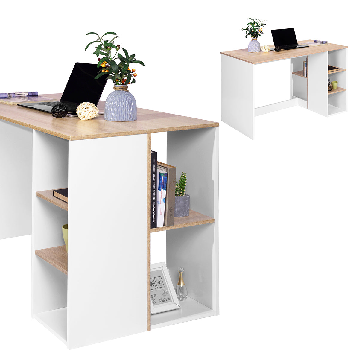 Modern Oak White Computer Desk with 5 Storage Shelves for Small Spaces