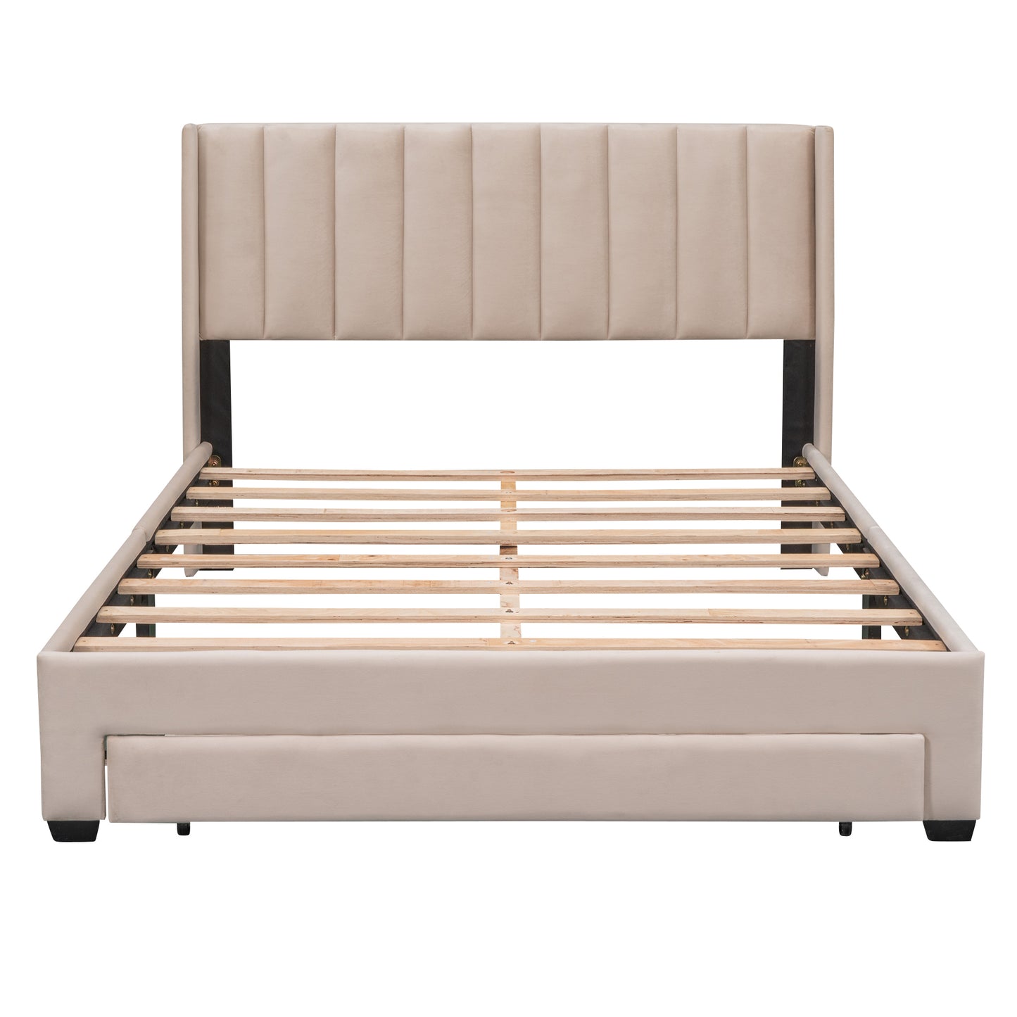 Queen Size Storage Bed Velvet Upholstered Platform Bed with a Big Drawer - Beige