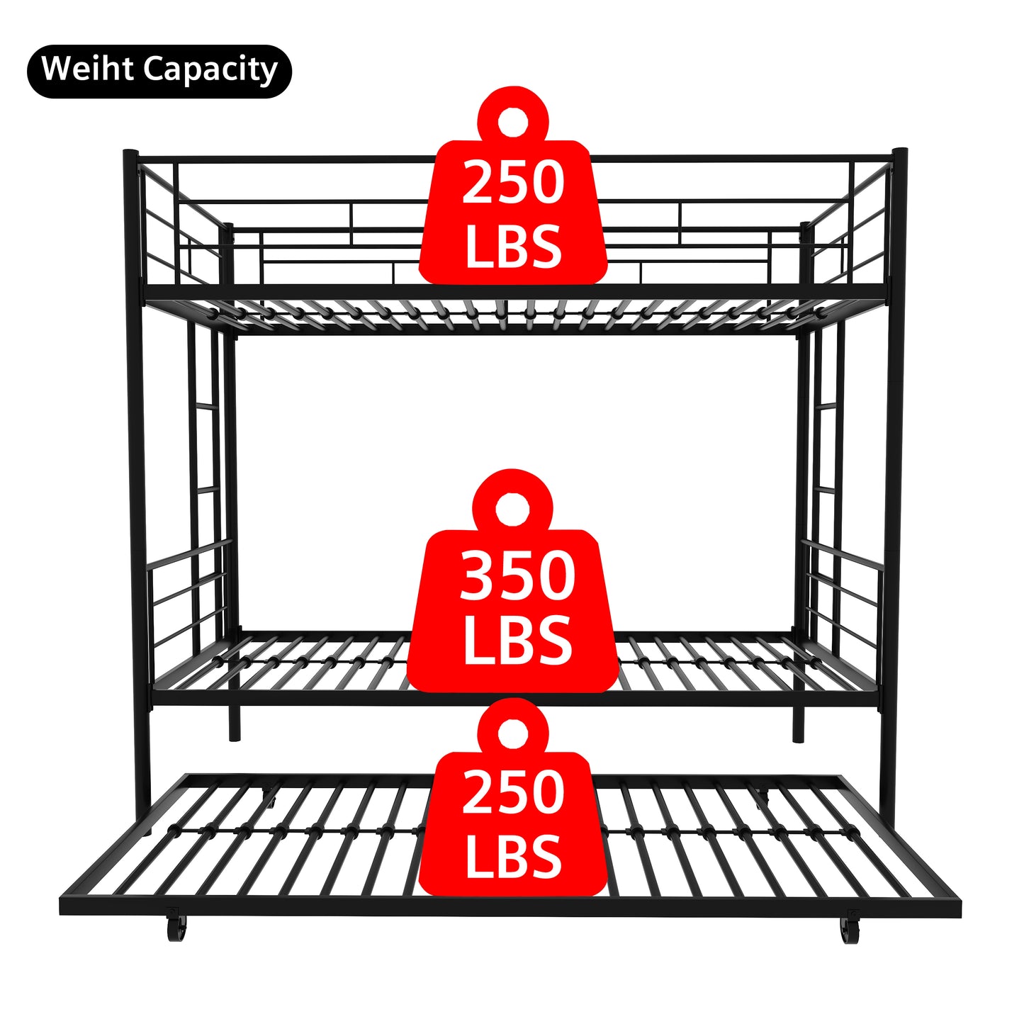 Enhanced Metal Bunk Bed Frame with Trundle - Twin Over Twin (Sturdy Version)