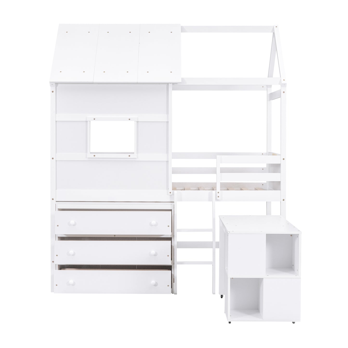 Twin Size House Loft Bed with Storage Desk and 3 Drawer Chest, White