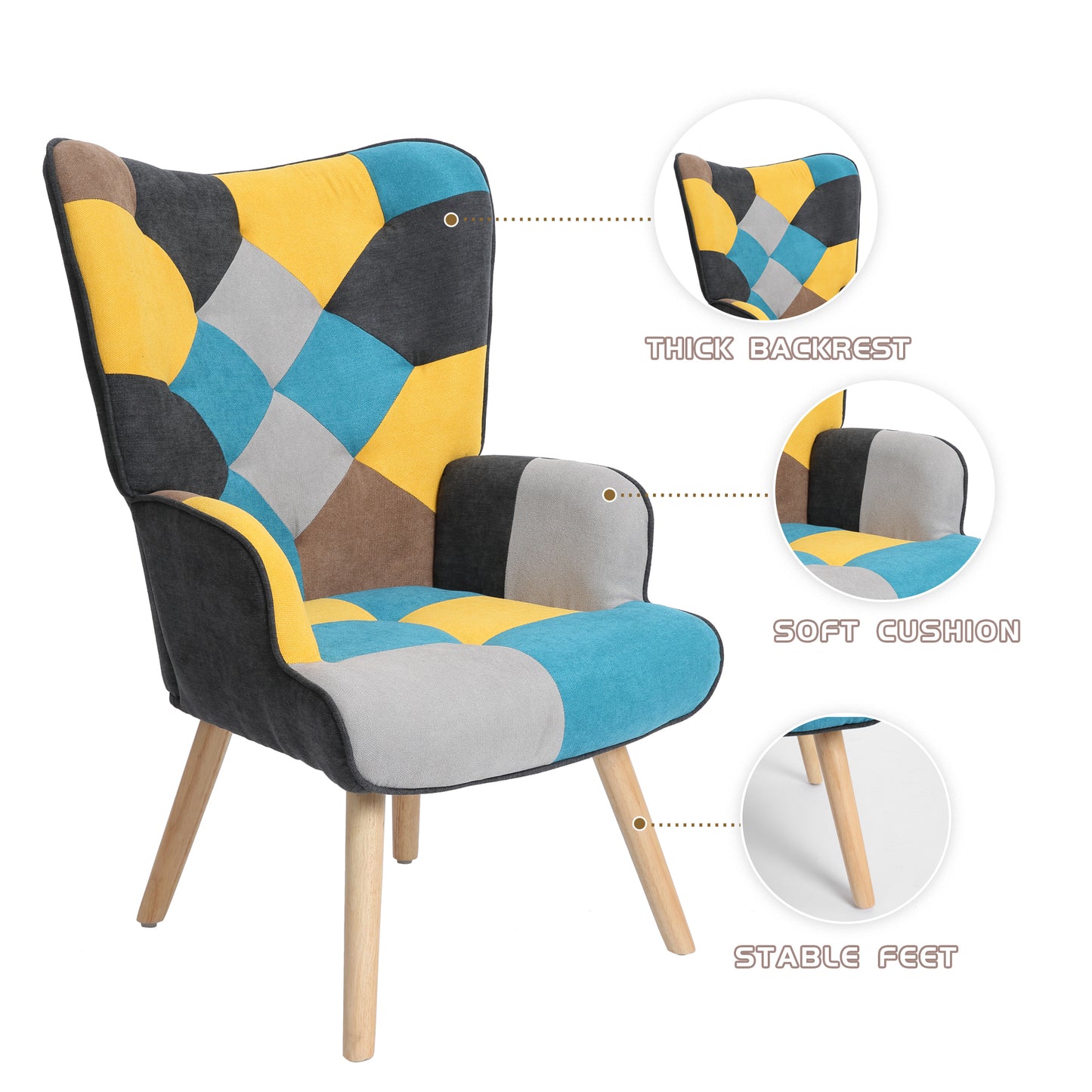 Accent Chair with Ottoman, Living Room Chair and Ottoman Set, Comfy Side Armchair for Bedroom, Creative Splicing Cloth Surface