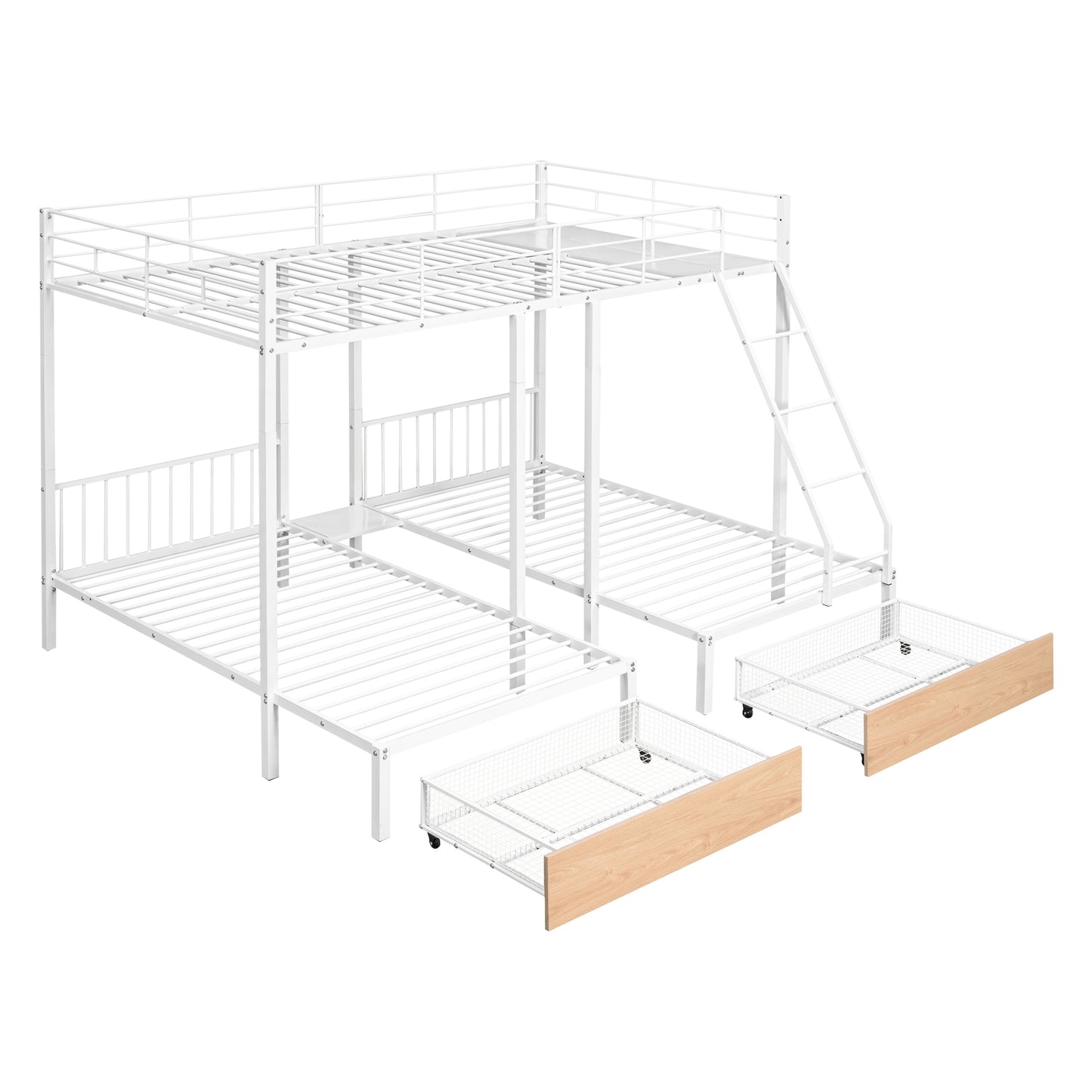 Triple Bunk Bed with Storage Drawers and Guardrails, Full Bed Over Twin & Twin