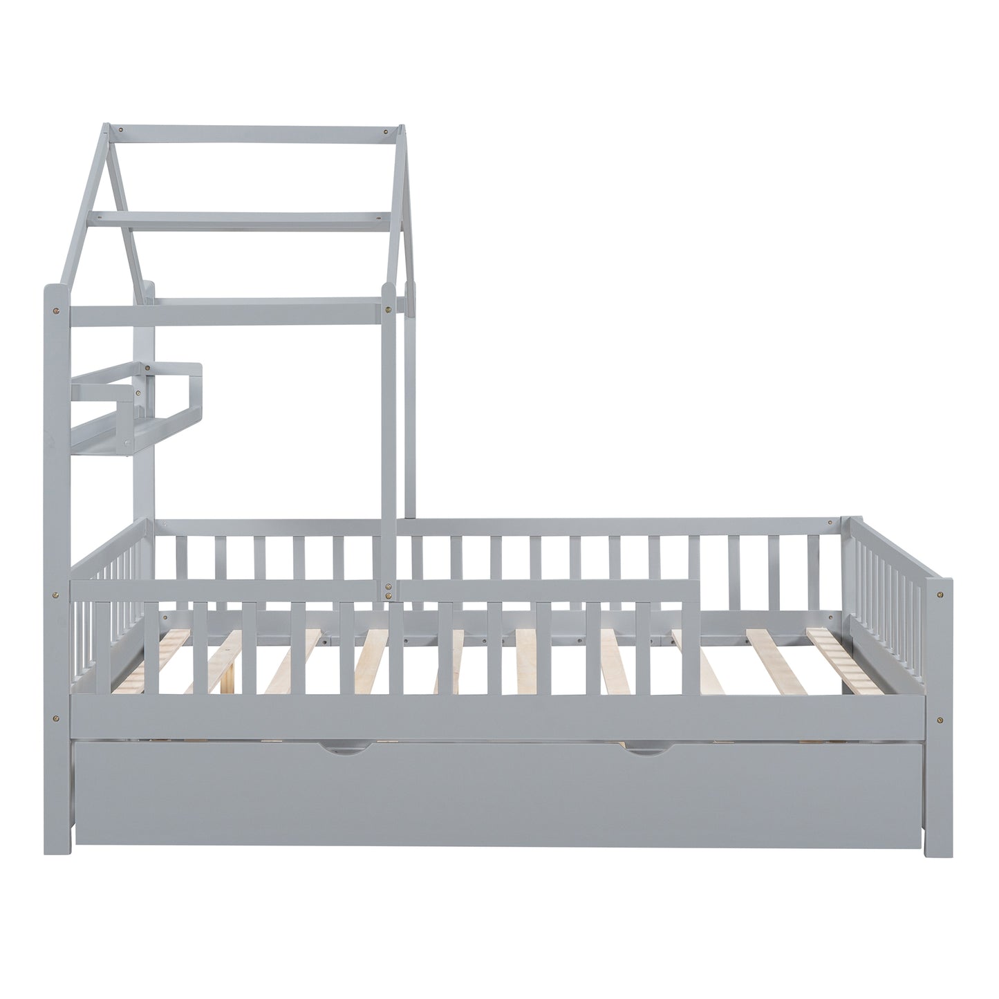 Wooden Full Size House Bed with Trundle,Kids Bed with Shelf,Grey