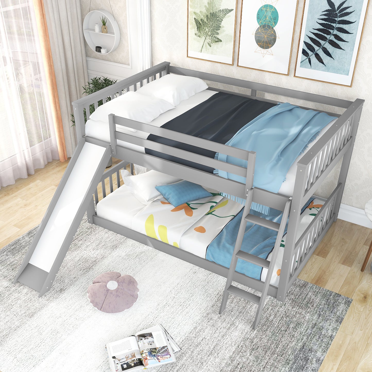 Gray Full Bunk Bed with Slide, Reversible Ladder, and Modern Design