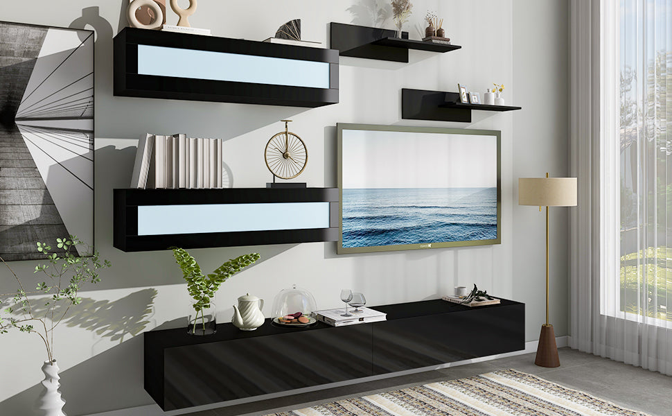 Modern Black Wall Mount Floating TV Stand with LED Lights and Media Storage