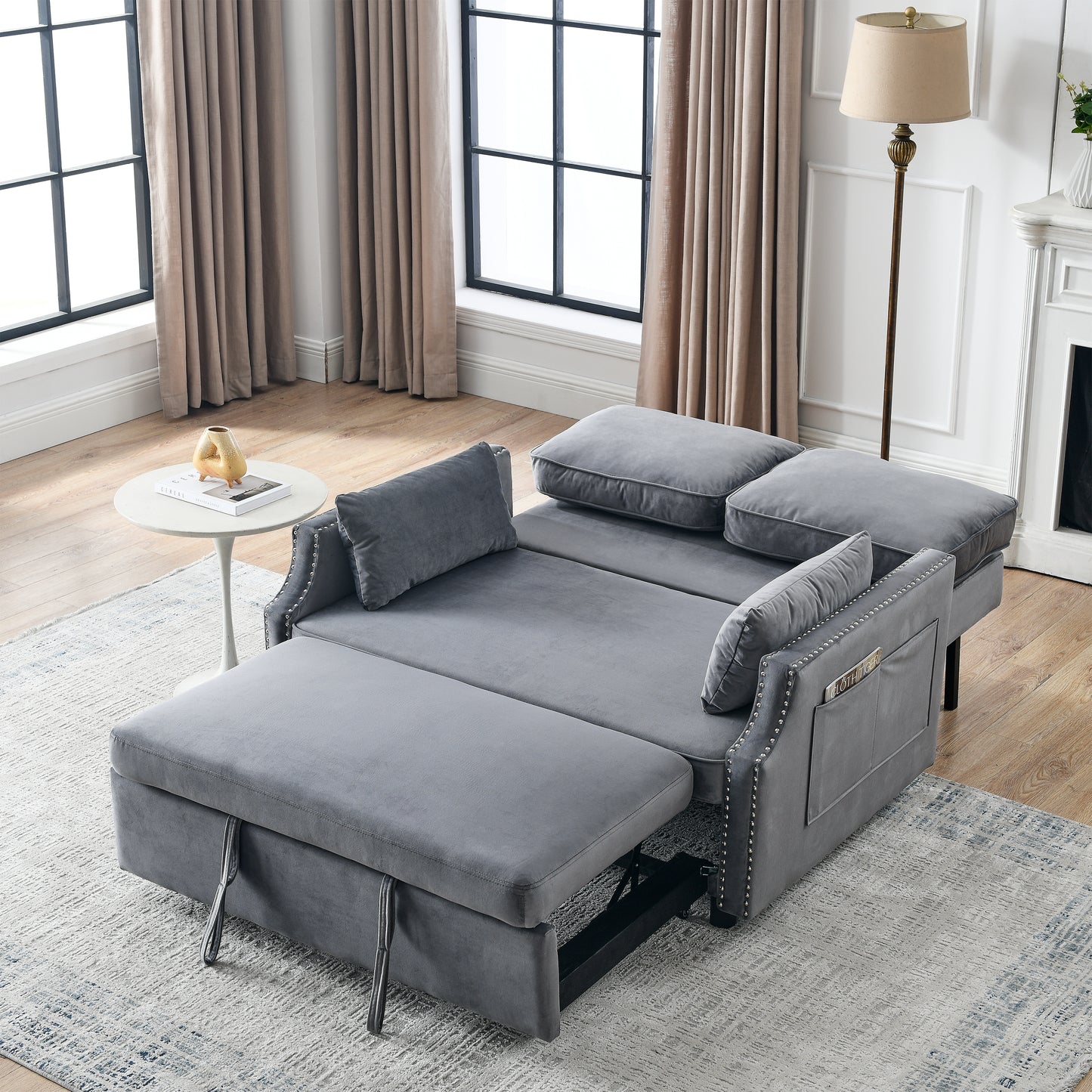 Convertible Velvet Sleeper Sofa Bed with Storage Pockets, 2-Seater with Pull-Out Bed