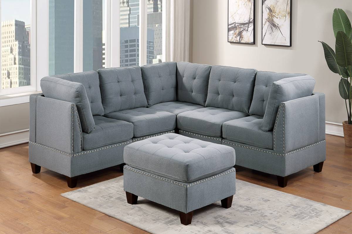 Elegant Gray Linen Modular Sectional Living Room Set with Tufted Nail Heads