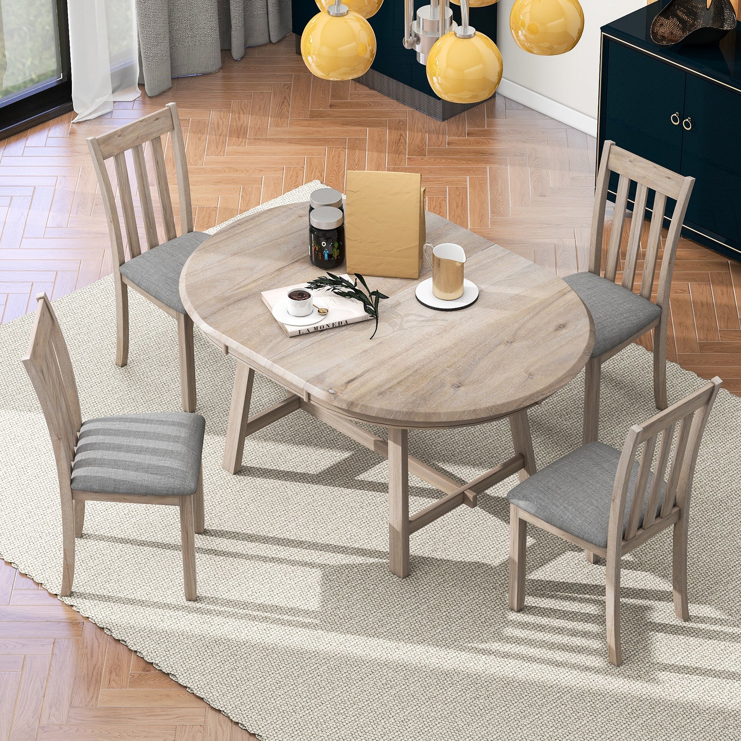 TREXM 5-Piece Wood Dining Table Set Round Extendable Dining Table with 4 Dining Chairs, Dining Room Table Set for 4 person for Dining Room (Natural Wood Wash)