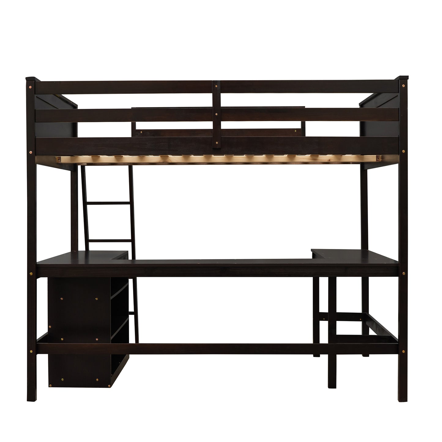 Full size Loft Bed with Shelves and Desk, Wooden Loft Bed with Desk - Espresso