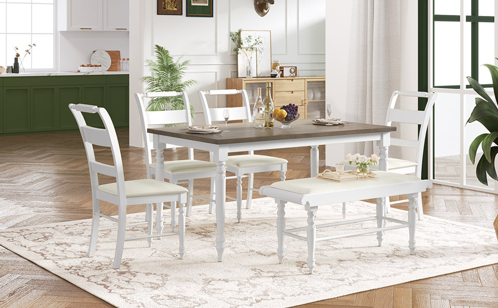 6-peice Dining Set with Turned Legs, Kitchen Table Set with Upholstered Dining Chairs and Bench,Retro Style, White