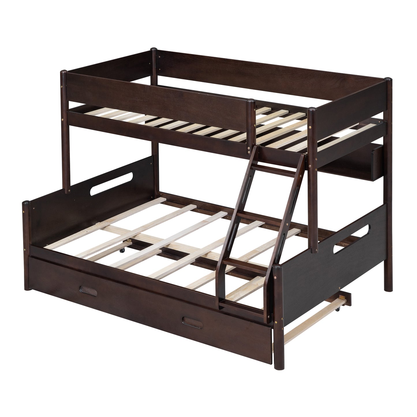 Espresso Wood Bunk Bed with Twin Over Full, Storage Shelves, Trundle, and Sturdy Construction