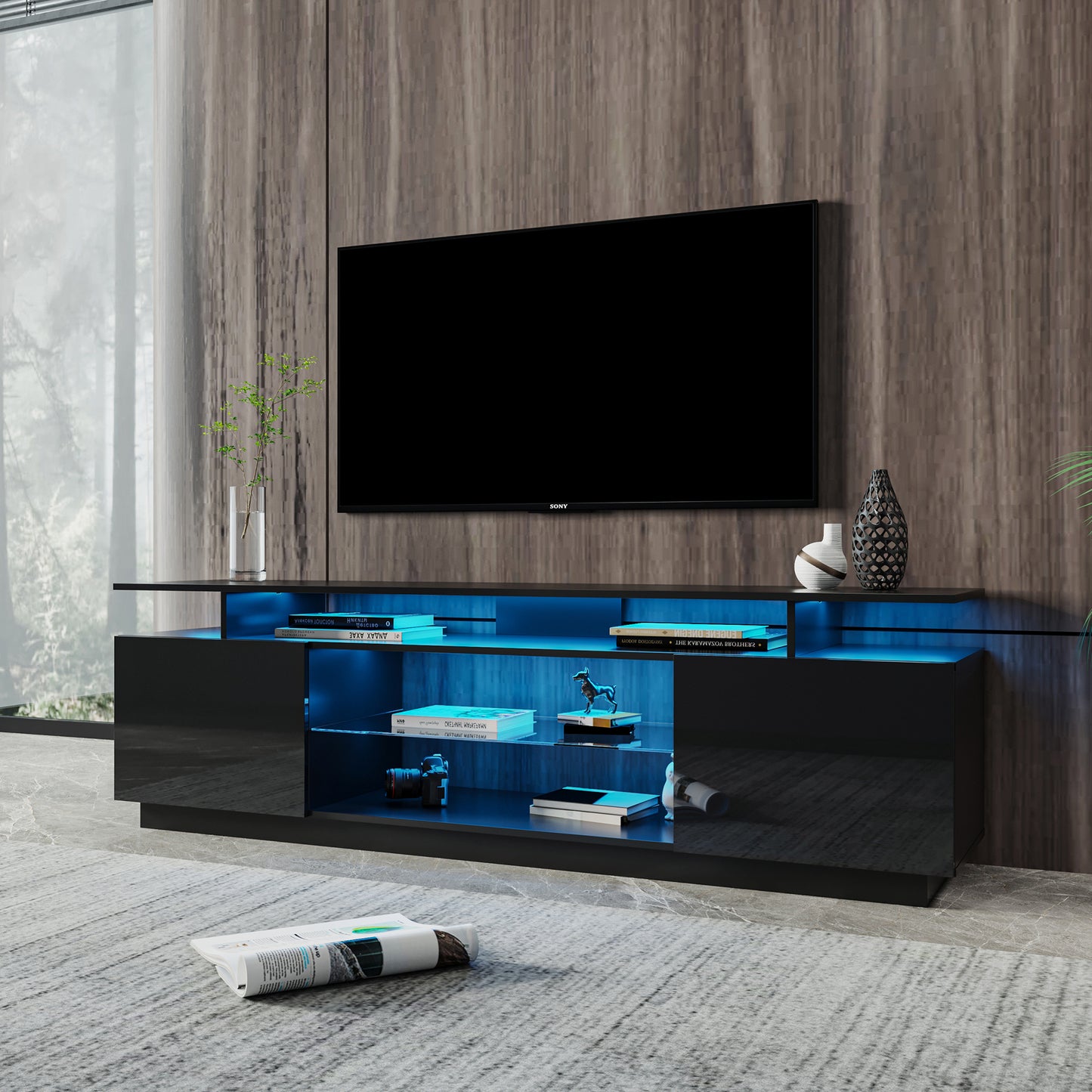 Black LED TV Stand with Storage Cabinets for 80 Inch TV - Modern Entertainment Center