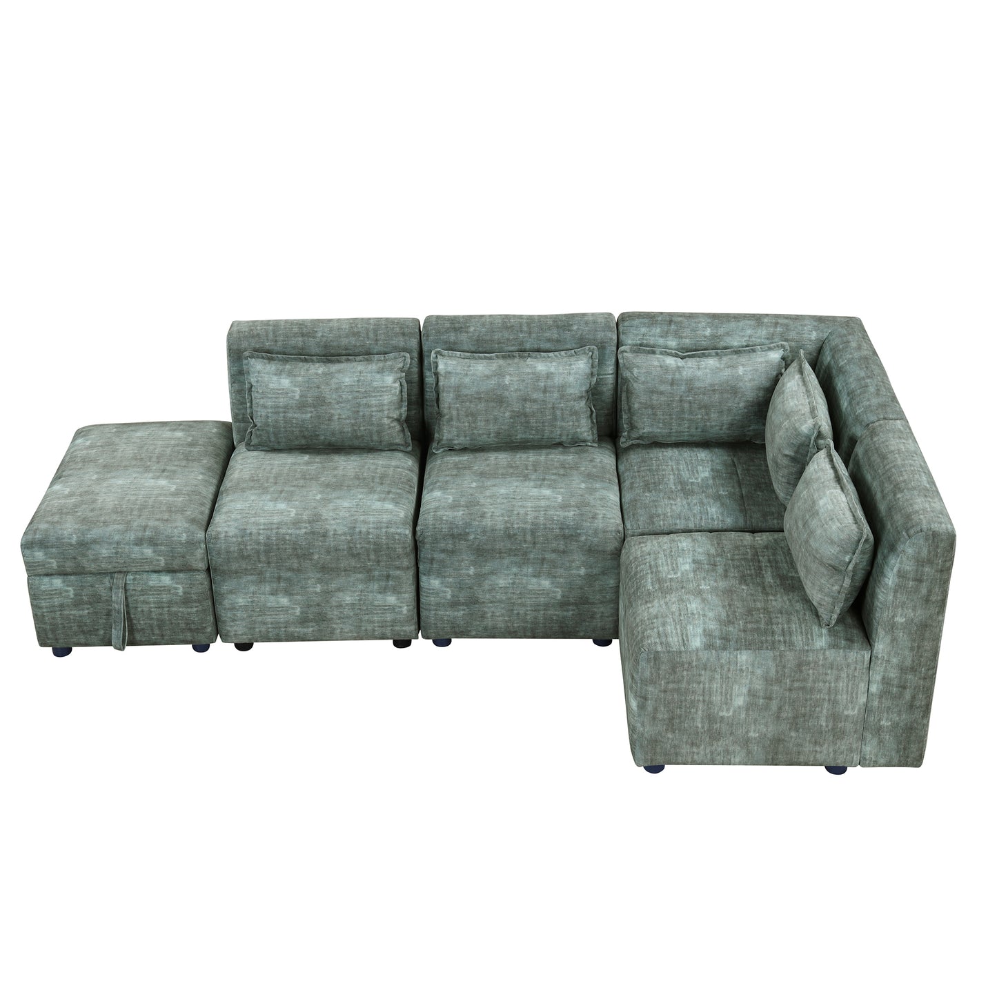 Endless Lounge Creations: Free-Combined Blue-Green Sectional Sofa with Storage Ottoman and 5 Pillows