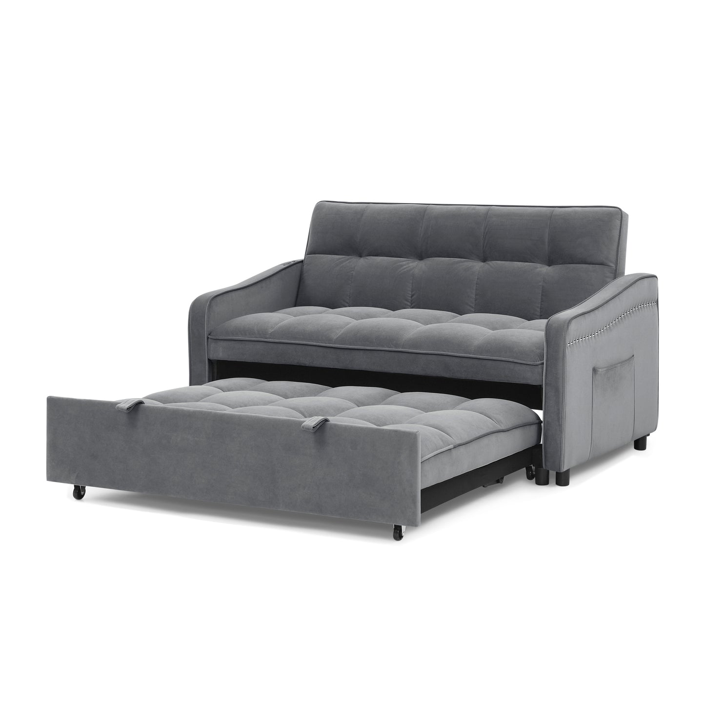 Loveseats Sofa Bed with Pull-out Bed,Adjsutable Back and Two Arm Pocket,TypeC and USB Charging with Copper nail,Grey (47"x53"x31")