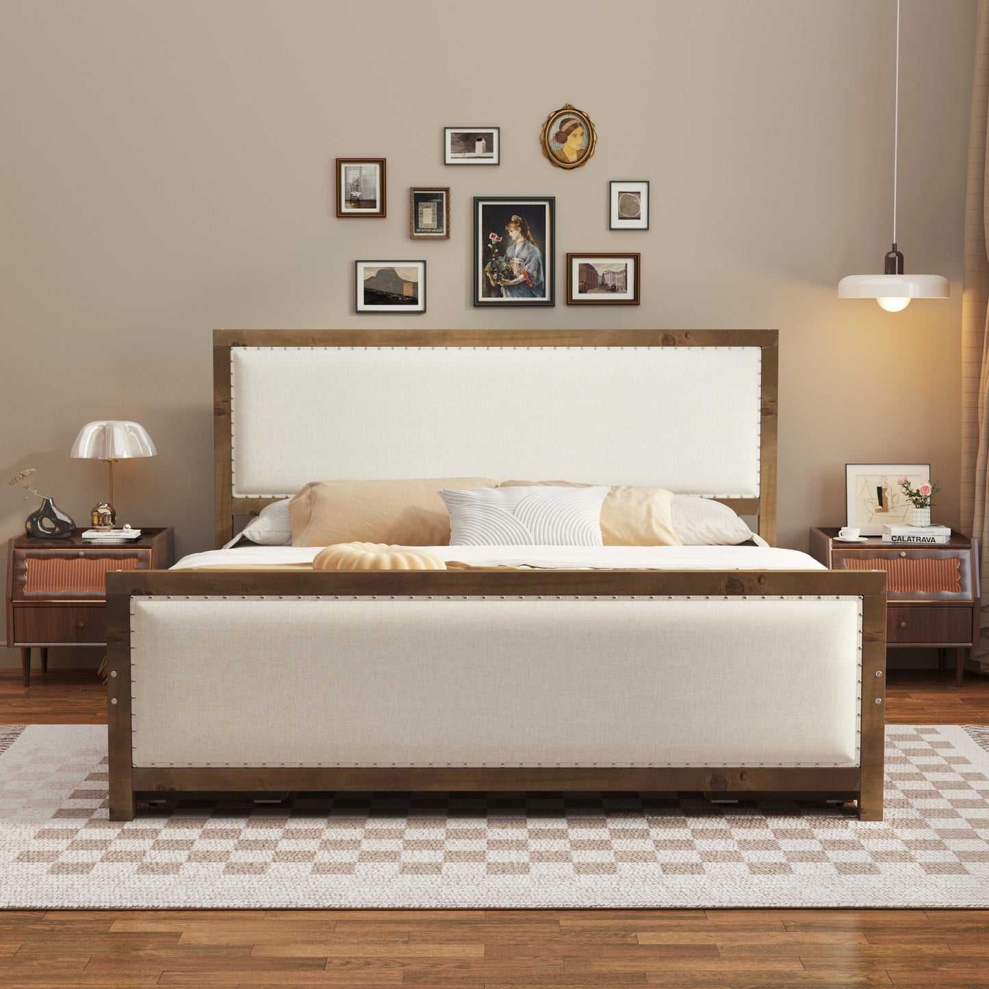 Queen Size Upholstered Platform Bed with Wood Frame and 4 Drawers, Natural Wooden+Beige Fabric