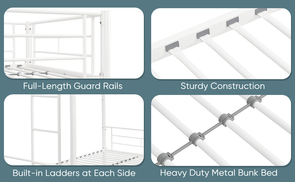 White Metal Convertible Twin Bunk Bed with Safety Guardrails and 2 Ladders