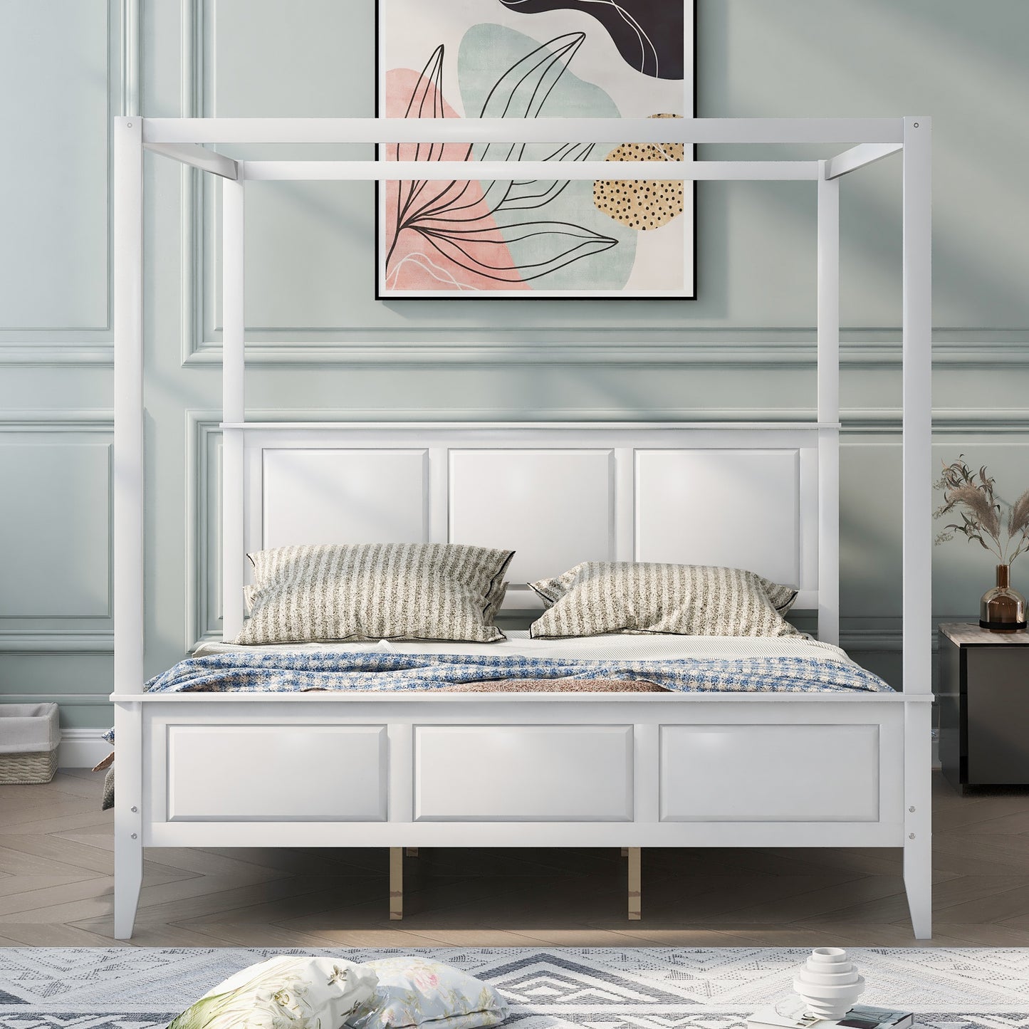 King Size Canopy Platform Bed with Headboard and Footboard,With Slat Support Leg, White