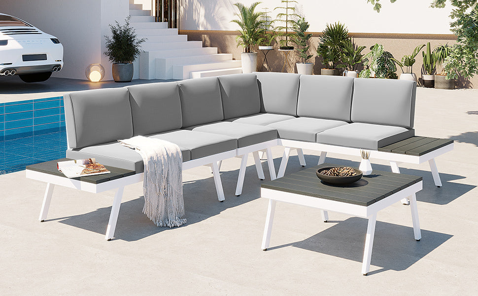 Aluminum Outdoor Patio Furniture Set with End Tables and Coffee Table, White and Grey Sectional Sofa Set