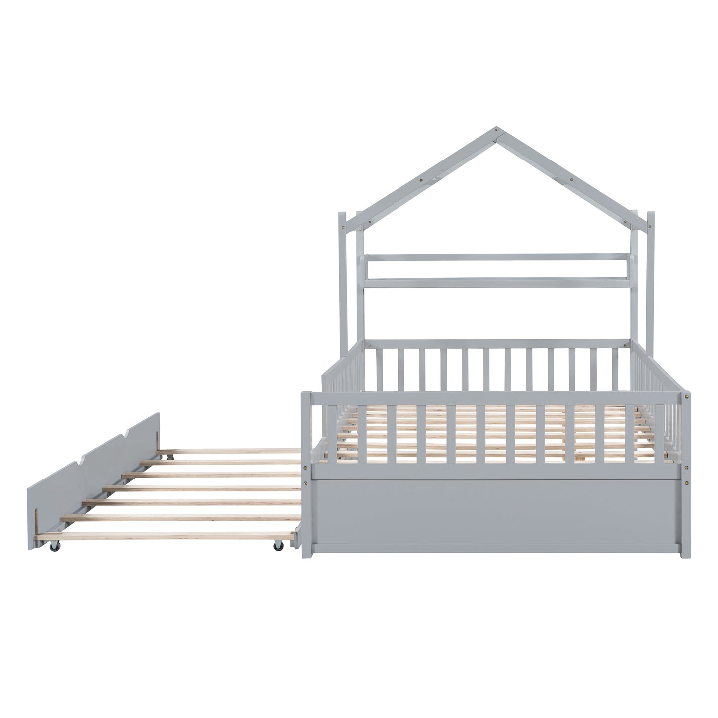 Wooden Full Size House Bed with Trundle,Kids Bed with Shelf,Grey