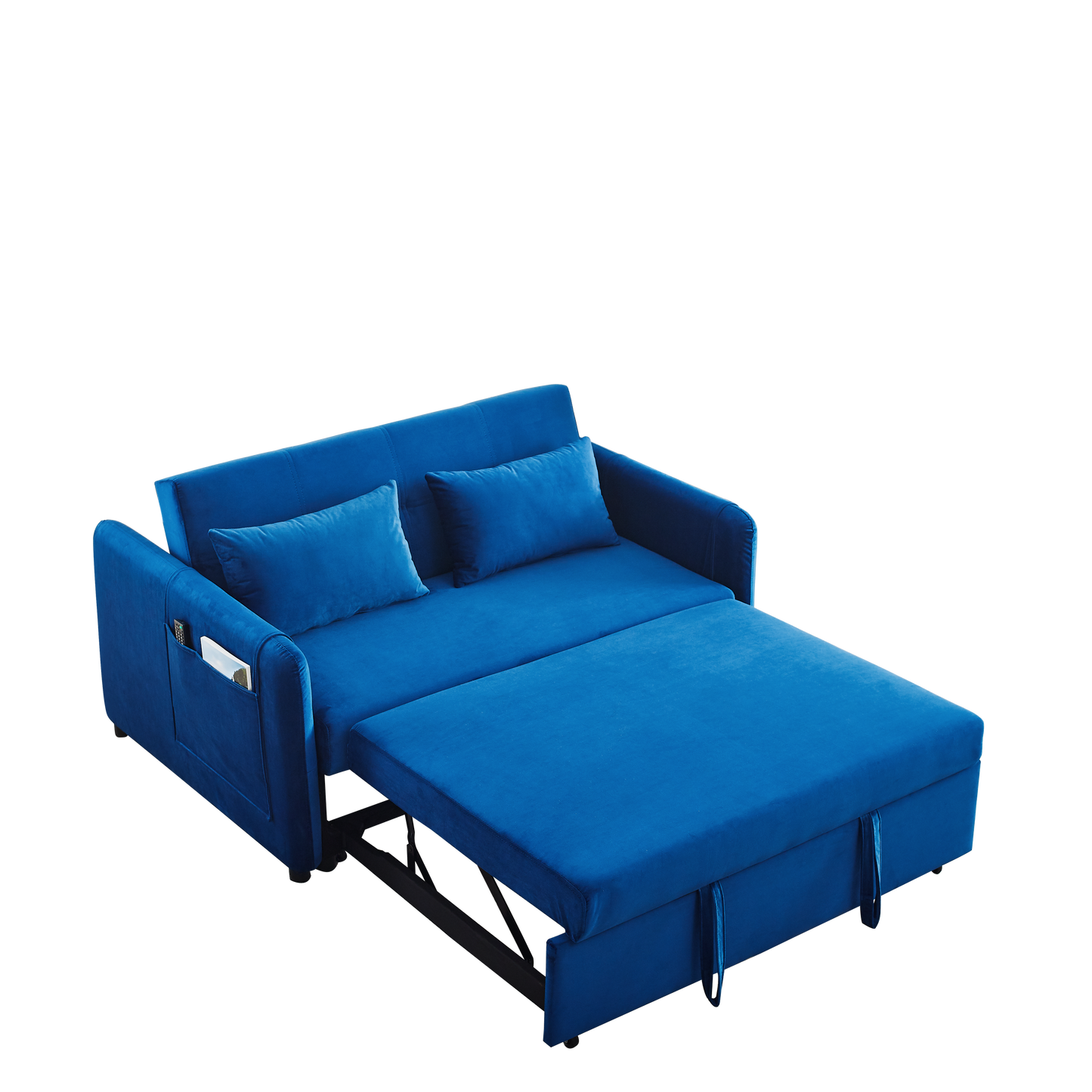 Convertible Sofa Bed, 3-in-1 Versatile Velvet Double Sofa with Pullout Bed, Seat with Adjustable Backrest, Lumbar Pillows, and Living Room Side Pockets, 54 Inch, Blue