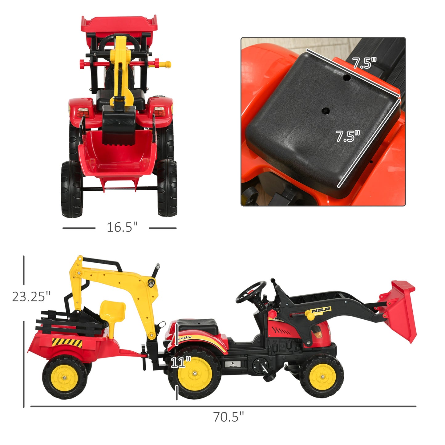 3 in1 Kids Ride On Excavator/Bulldozer, Pedal Car Digger Toy Move Forward/Back with 6 Wheels and Detachable Cargo Trailer