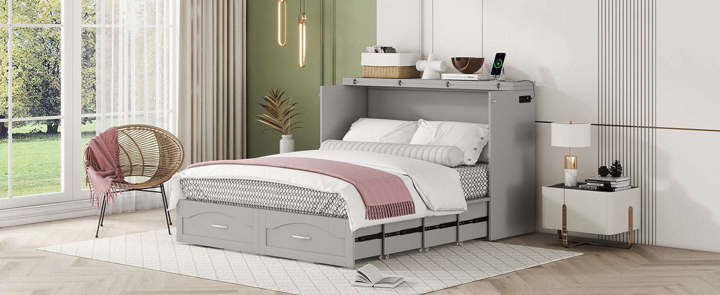 Queen Size Murphy Bed Wall Bed with drawer and a set of Sockets & USB Ports, Pulley Structure Design, Gray