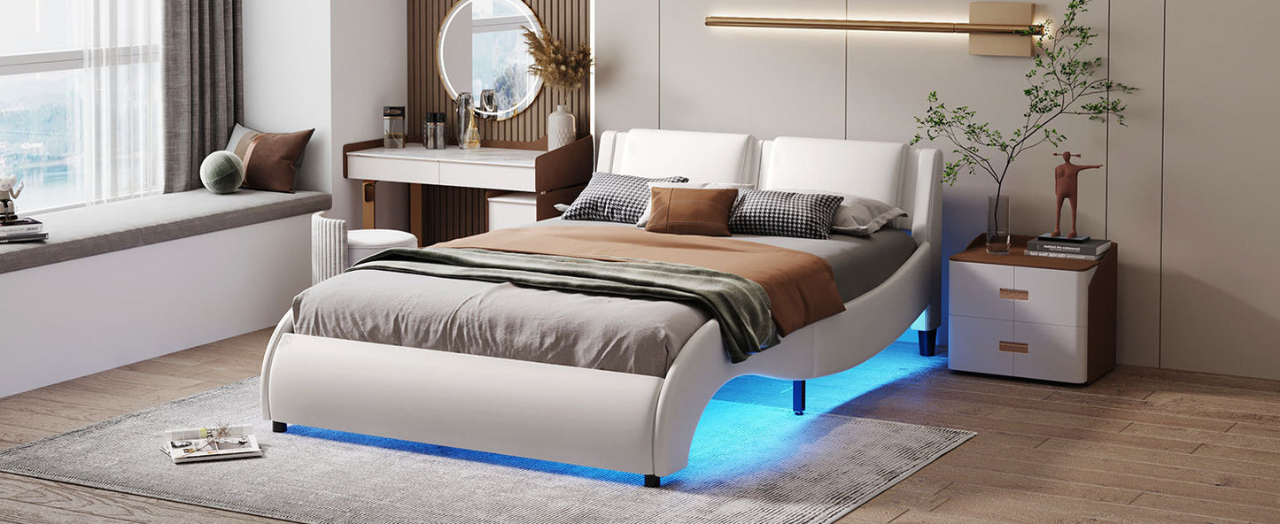 Full Size Upholstered Faux Leather Platform Bed with LED Light Bed Frame with Slatted - White