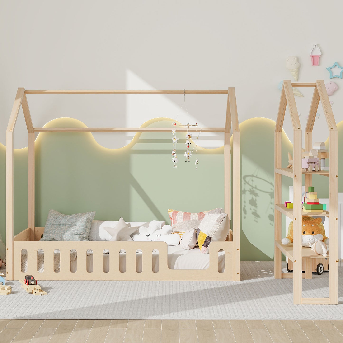 Full Size Wood House Bed with Fence and Detachable Storage Shelves, Natural (Expected Arrival Time: 1.7)