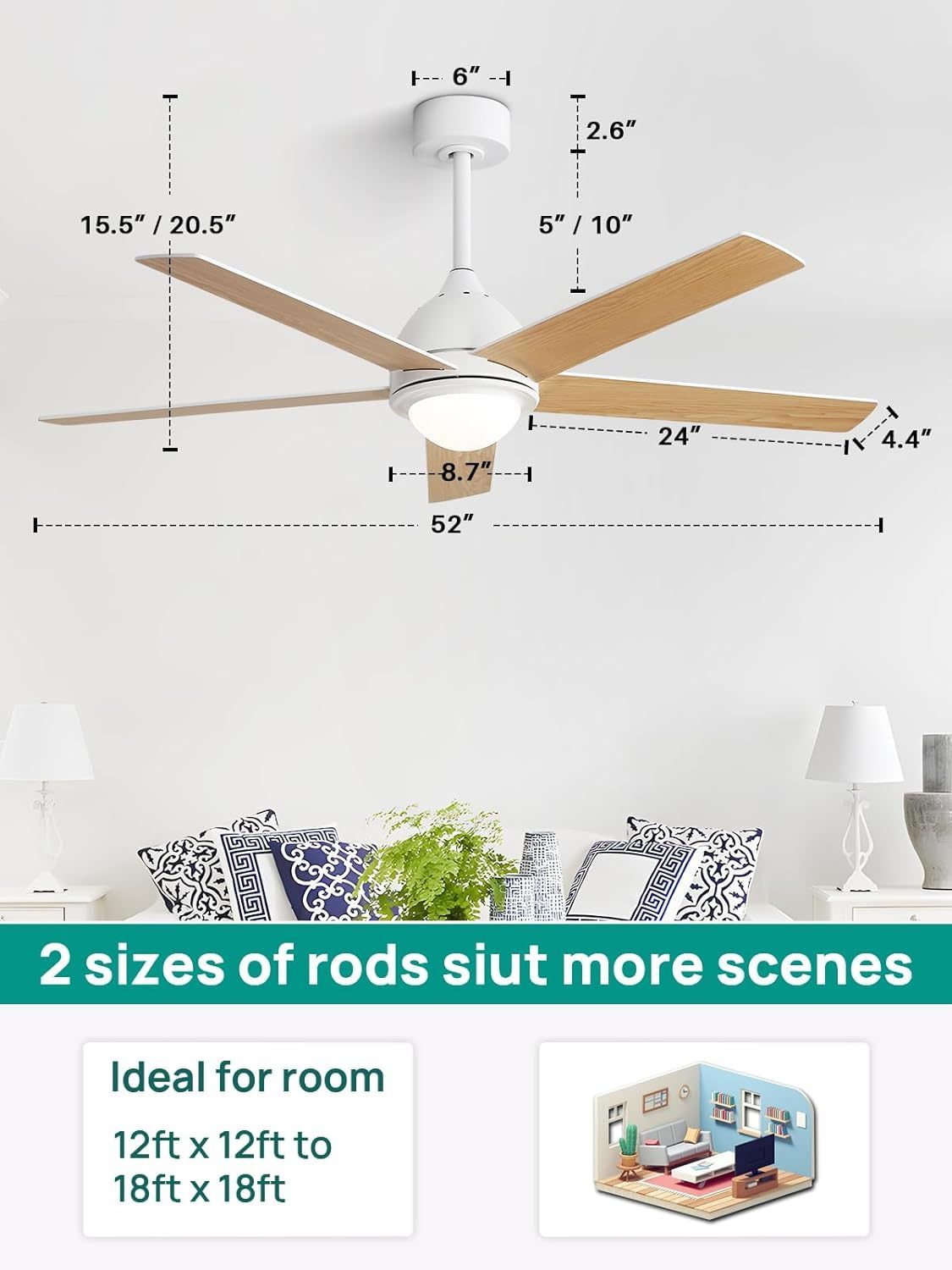 52 Contemporary Ceiling Fan with Remote Control, LED Light, and Reversible Blades