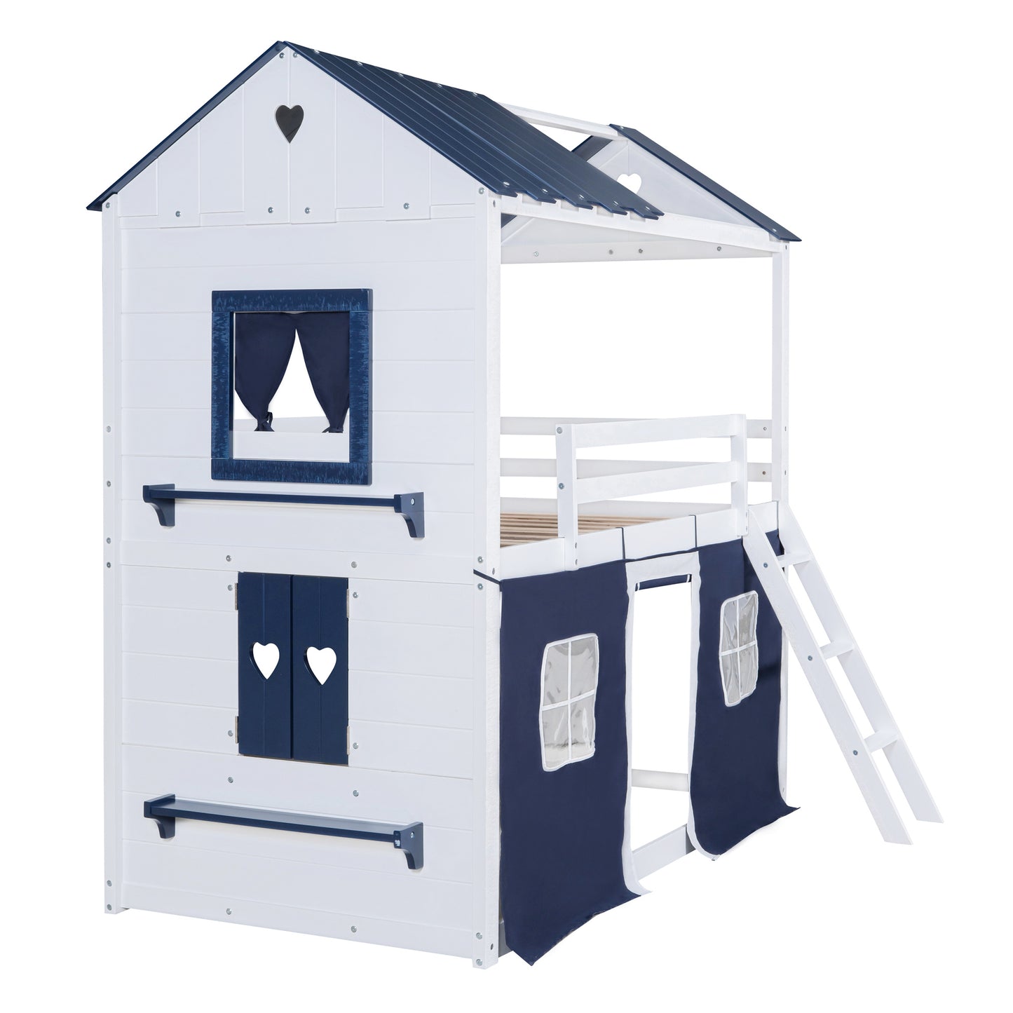 Twin Size Bunk Wood House Bed with Elegant Windows, Sills and Tent,  Blue+White