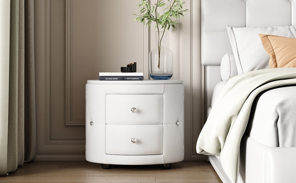 Elegant PU Nightstand with 2 Drawers and Crystal Handle,Fully Assembled Except Legs&Handles,Storage Bedside Table - White