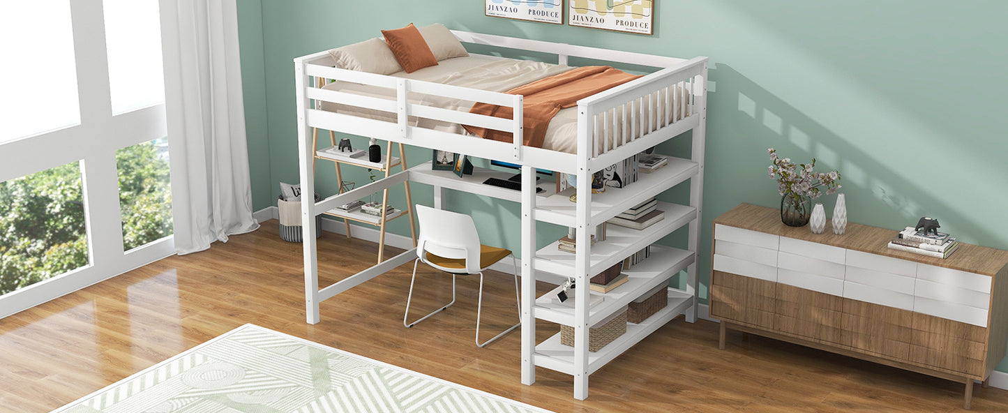 Full Size Loft Bed with Storage Shelves and Under-bed Desk, White