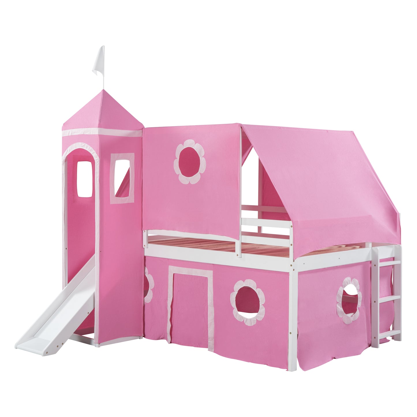 Pink Castle Loft Full Size Bunk Bed with Slide, Tent, and Tower - Enchanting Pink Castle Loft Bed with Slide, Tent, and Tower