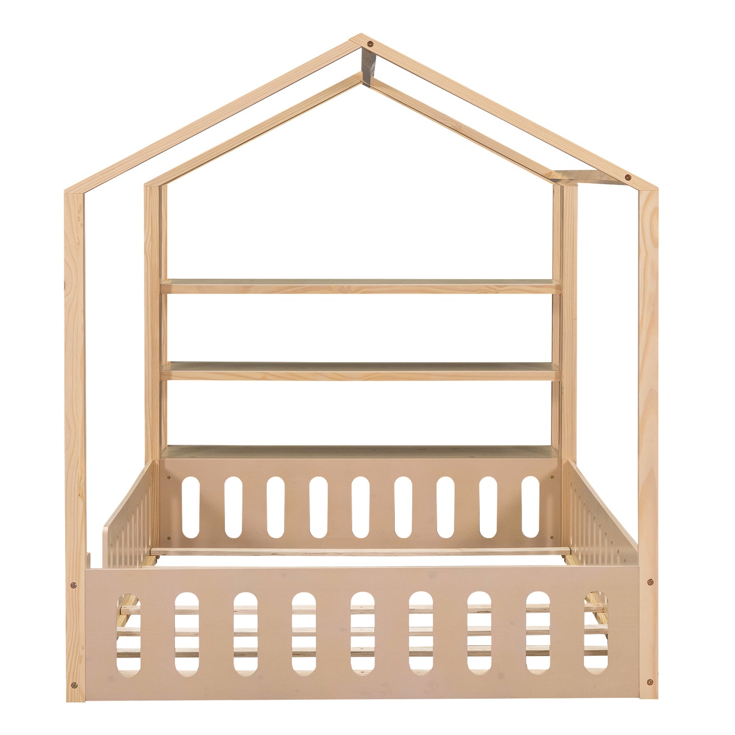 Full Size Wood House Bed with Fence and Detachable Storage Shelves, Natural (Expected Arrival Time: 1.7)