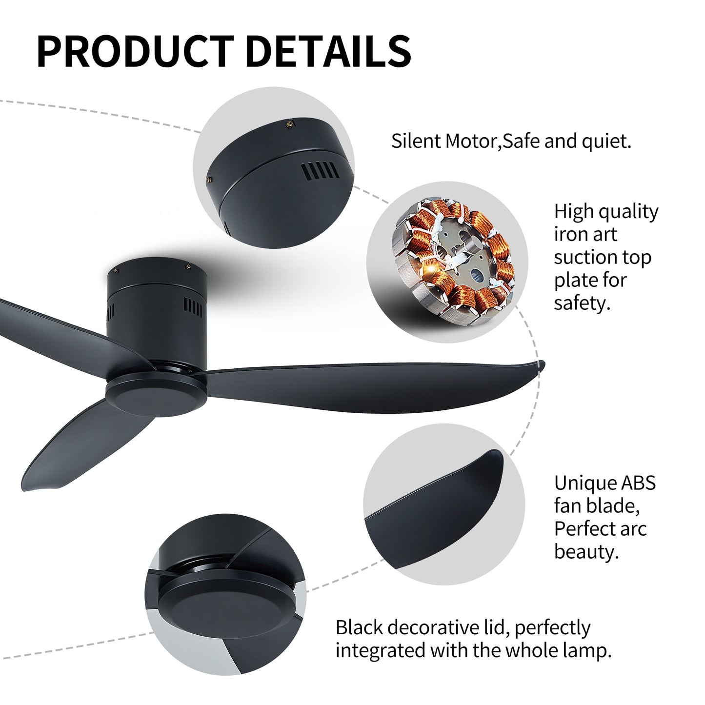 52 Matte Black Low Profile Ceiling Fan - Remote Controlled - Flush Mount, No Lights