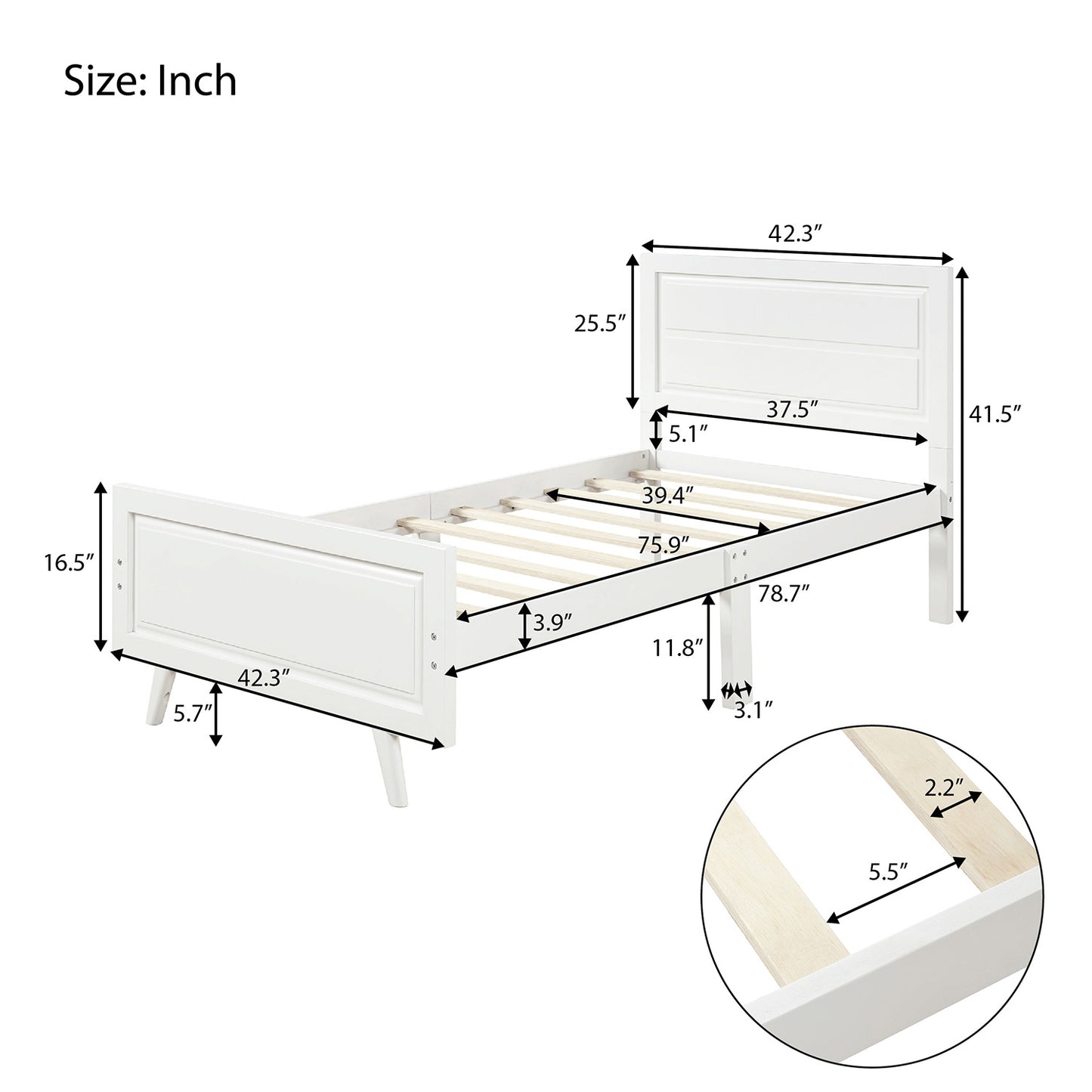 Wood Platform Bed Twin Bed Frame Mattress Foundation with Headboard and Wood Slat Support (White)