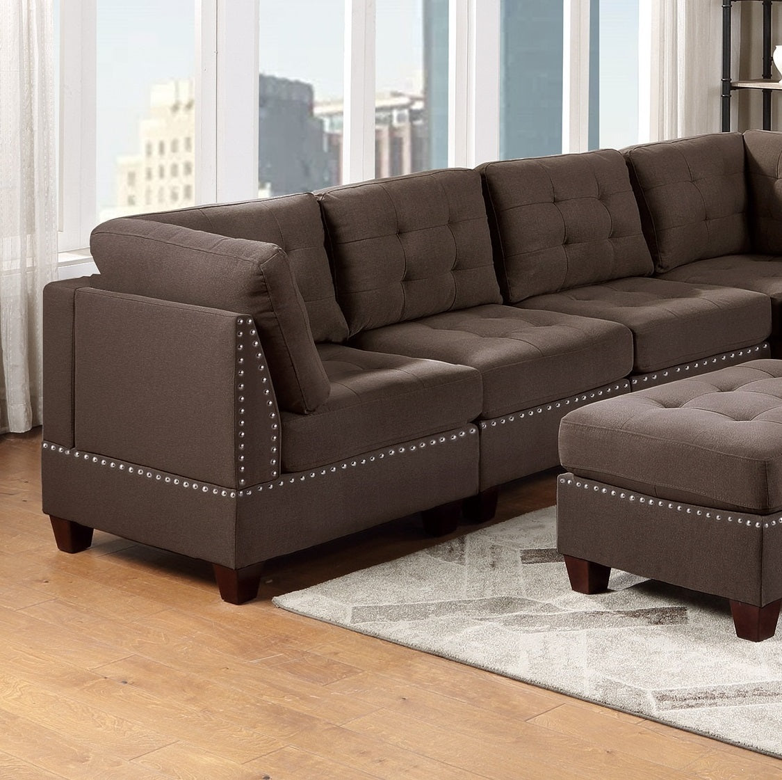 9-Piece Modular Sectional Living Room Furniture Set in Black Coffee Linen Fabric