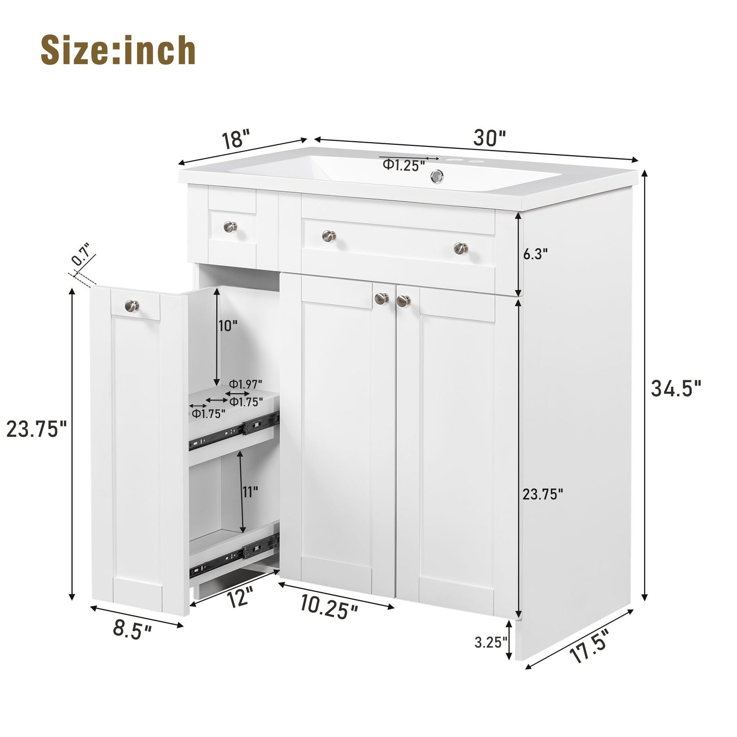 30" White Bathroom vanity with Single Sink ,Combo Cabinet Undermount Sink,Bathroom Storage Cabinet vanities