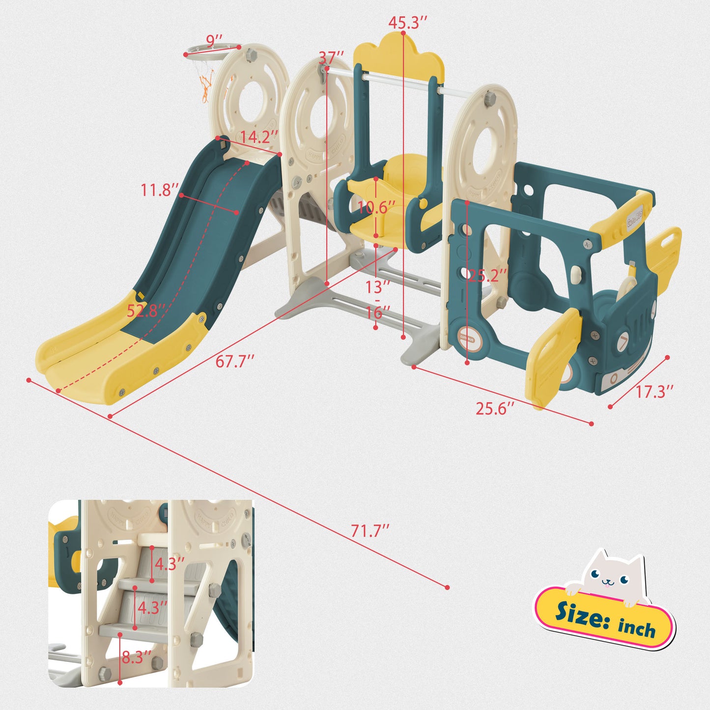 Kids Swing-N-Slide with Bus Play Structure, Freestanding Bus Toy with Slide&Swing for Toddlers, Bus Slide Set with Basketball Hoop