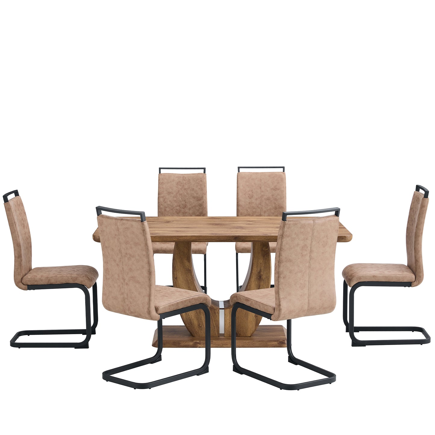 7 Piece Modern Dining Table Set, Rectangular Kitchen Table Set with Wooden Tabletop＆6 Pu Leather Upholstered Chairs Ideal for Dining Room, Kitchen