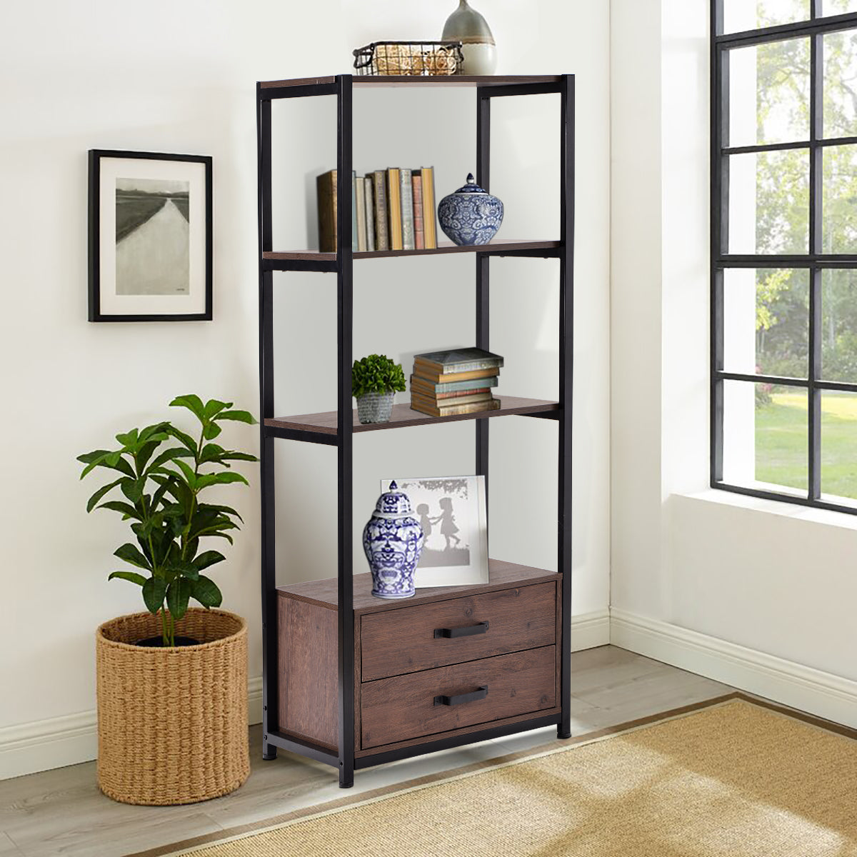 Home Office 4-Tier Bookshelf, Simple Industrial Bookcase Standing Shelf Unit Storage Organizer with 4 Open Storage Shelves and Two Drawers, Brown