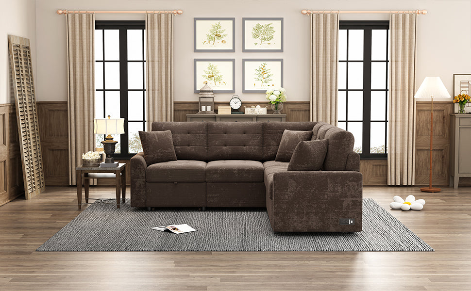 Convertible L-Shape Sleeper Sofa with USB Ports and Power Sockets, Brown