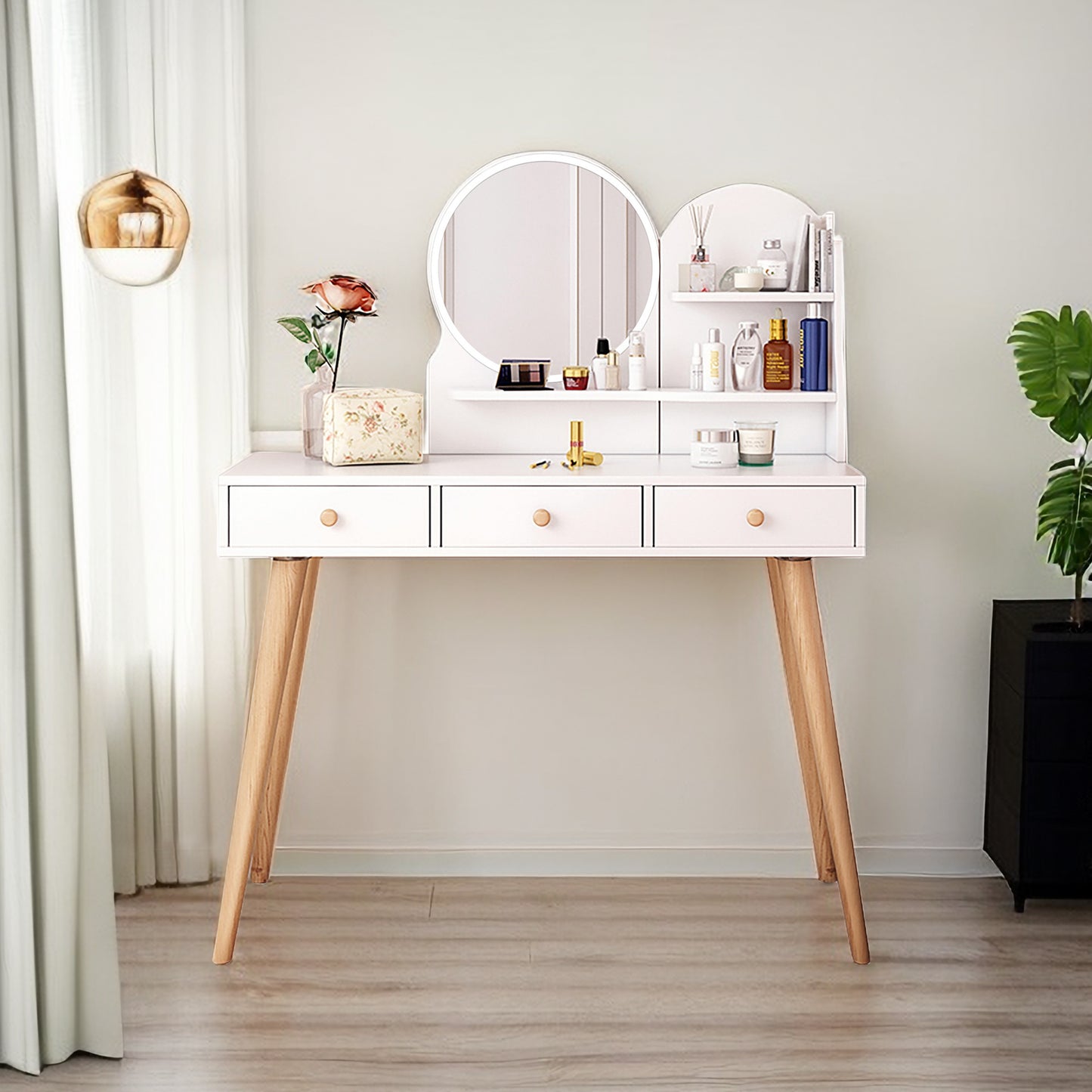 Fashion Vanity Desk with Mirror and Lights for Makeup Vanity Mirror with Lights  with 3 Color Lighting Brightness Adjustable, 3 Drawers, White   Color