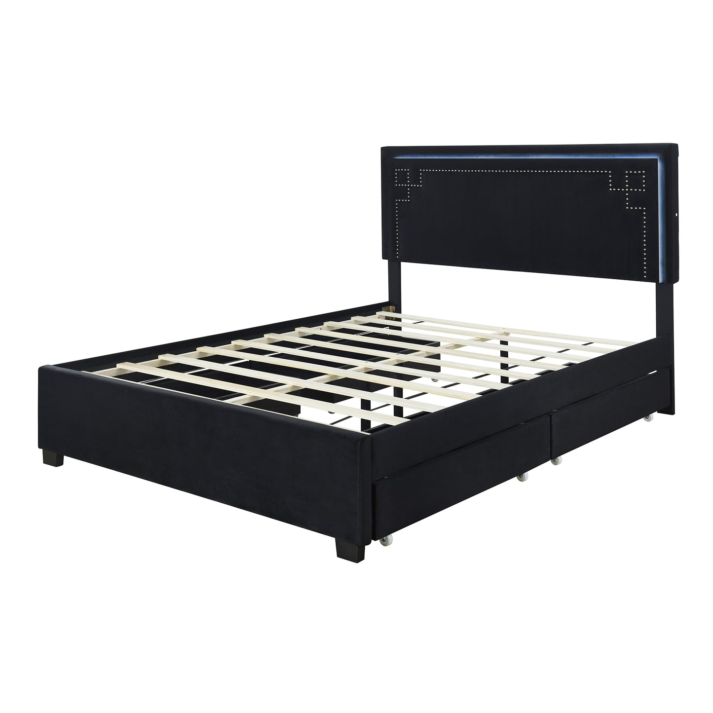 Queen Size Upholstered Platform Bed with Rivet-decorated Headboard, LED bed frame and 4 Drawers, Black