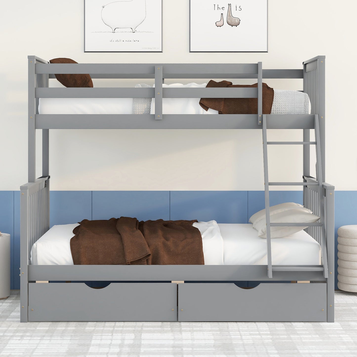 Gray Twin/Full Bunk Bed with Ladders and Storage Drawers