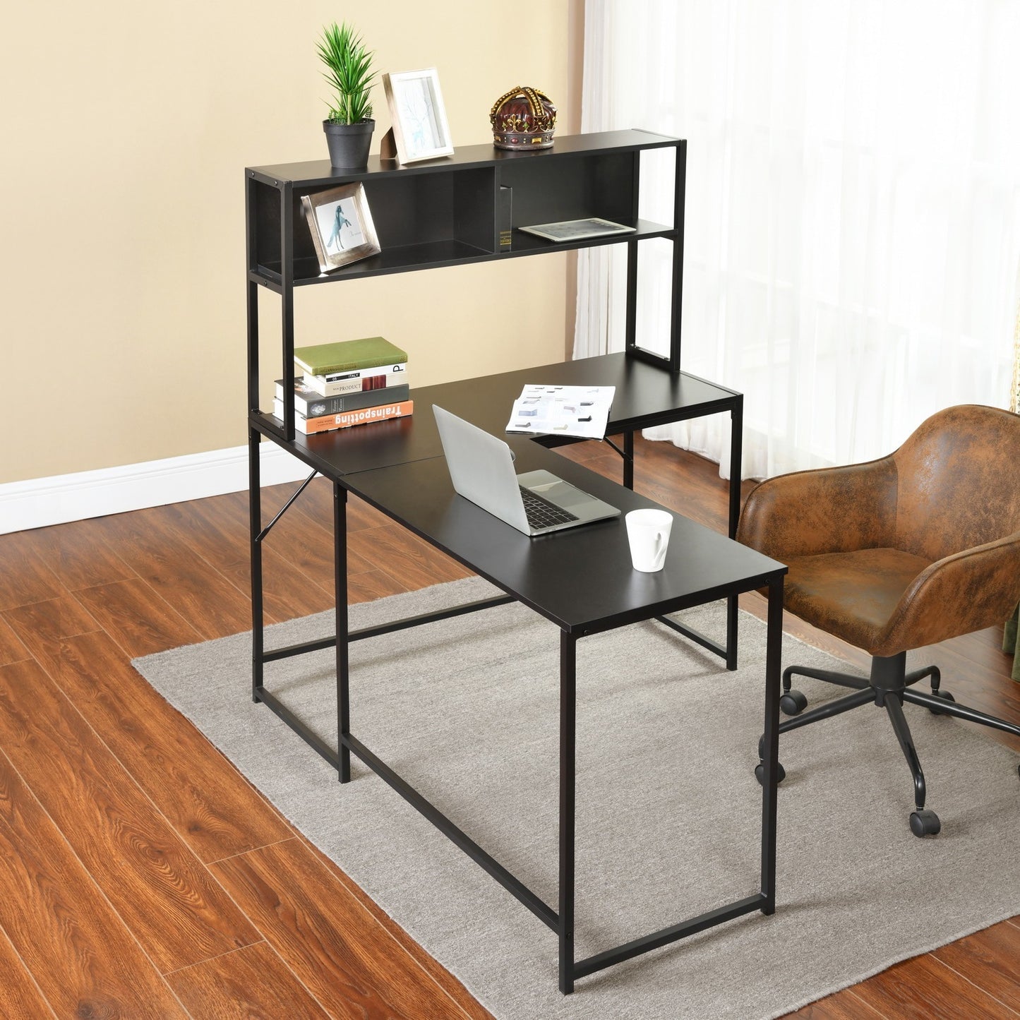 Spacious Industrial L-Shaped Desk with Hutch and Storage Shelves for Gaming